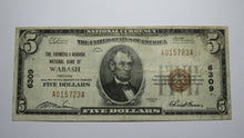 Load image into Gallery viewer, $5 1929 Wabash Indiana IN National Currency Bank Note Bill! Charter #6309 VF