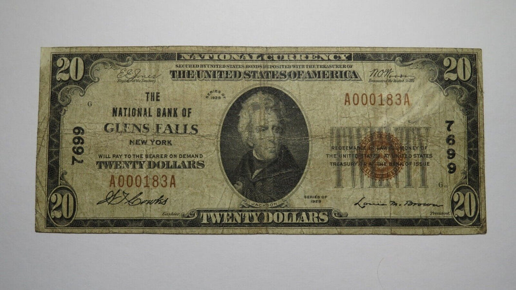 $20 1929 Glens Falls New York NY National Currency Bank Note Bill Charter #7699