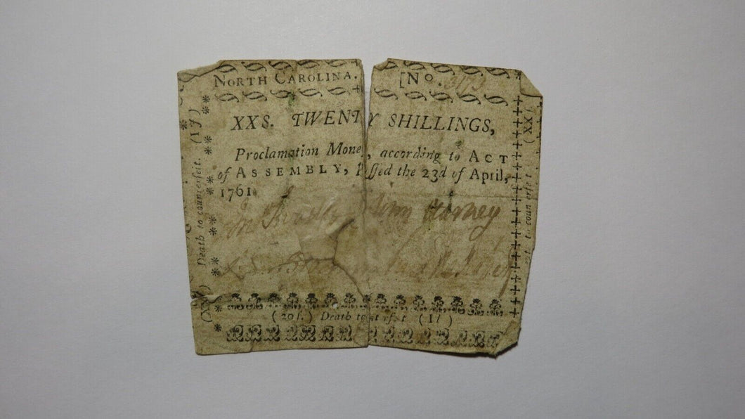 1761 Twenty Shillings North Carolina NC Colonial Currency Note Bill RARE 20s