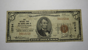 $5 1929 Fullerton California CA National Currency Bank Note Bill Ch. #12764 Fine