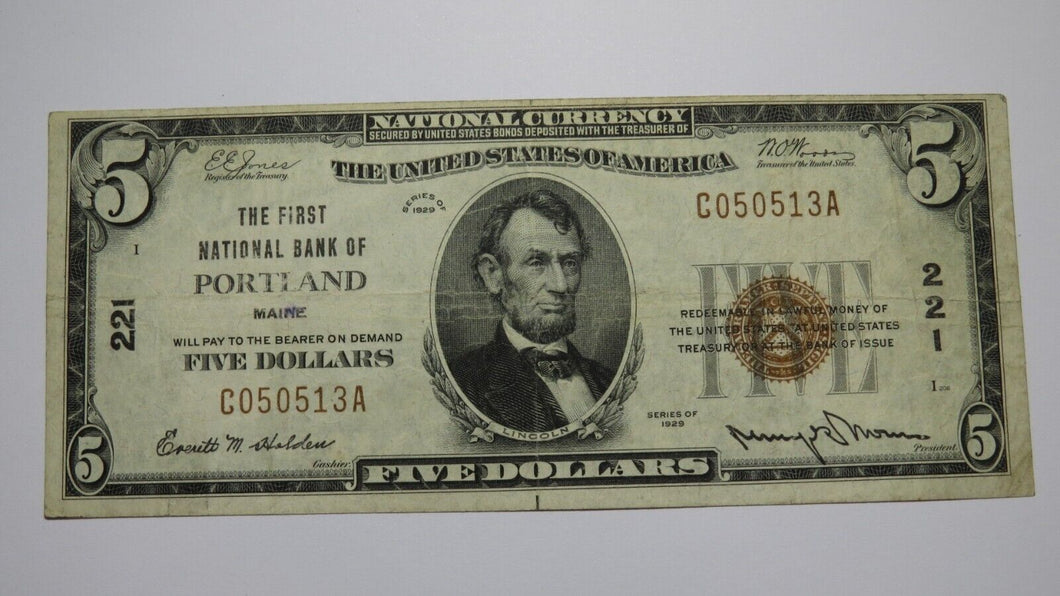 $5 1929 Portland Maine ME National Currency Bank Note Bill Charter #221 VF+