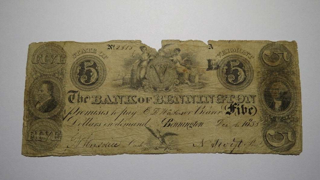 $5 1836 Bennington Vermont VT Obsolete Currency Bank Note Bill! Bank of Benn.