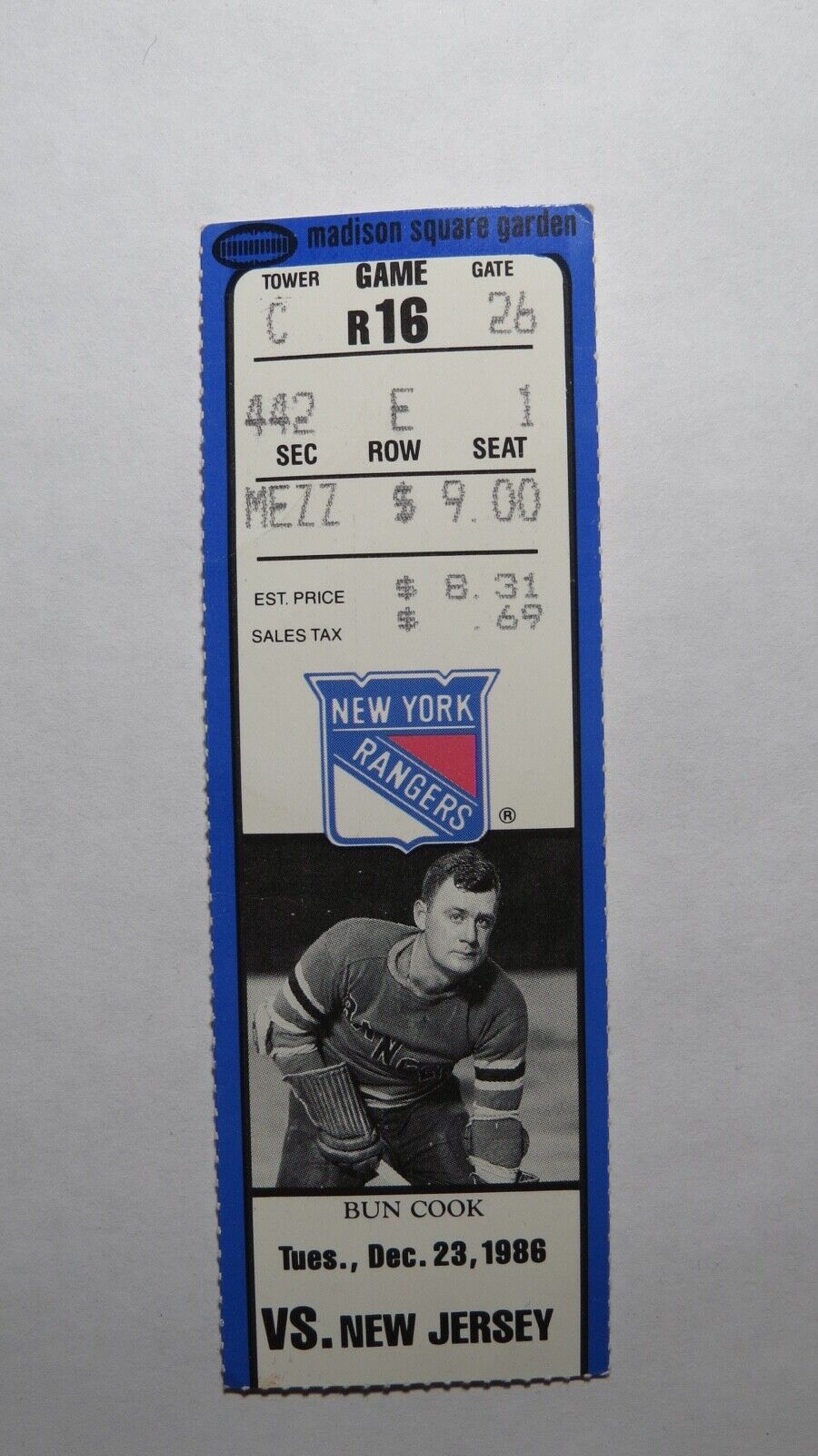 December 23, 1986 New York Rangers Vs. New Jersey Devils NHL Hockey Ticket Stub