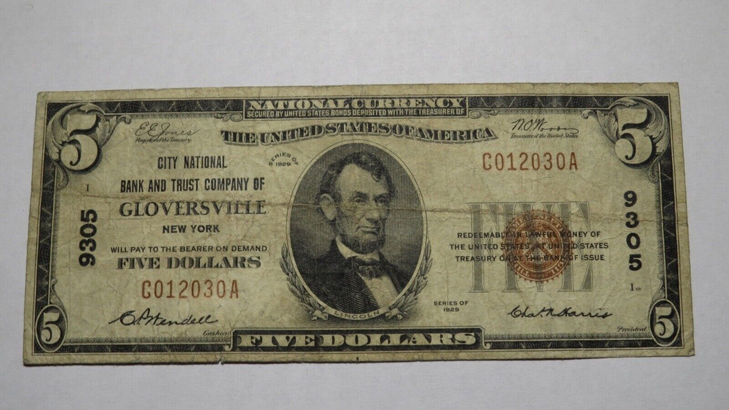 $5 1929 Gloversville New York NY National Currency Bank Note Bill! Ch #9305 RARE