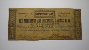 $1 1861 Portsmouth Virginia VA Obsolete Currency Bank Note Bill! Mechanics Bank