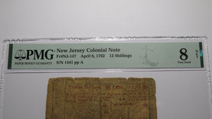 1762 Twelve Shillings New Jersey NJ Colonial Currency Bank Note Bill 12s VG8 PMG
