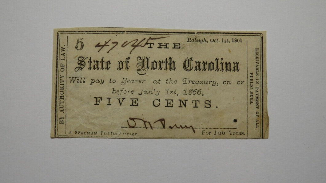 $.05 1861 Raleigh North Carolina Obsolete Currency Bank Note Bill Fractional! VF