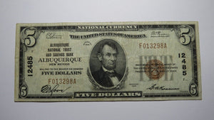 $5 1929 Albuquerque New Mexico NM National Currency Bank Note Bill #12485 VF+