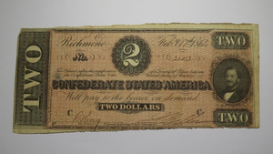 $2 1864 Richmond Virginia VA Confederate Currency Bank Note Bill T70 VF Grade