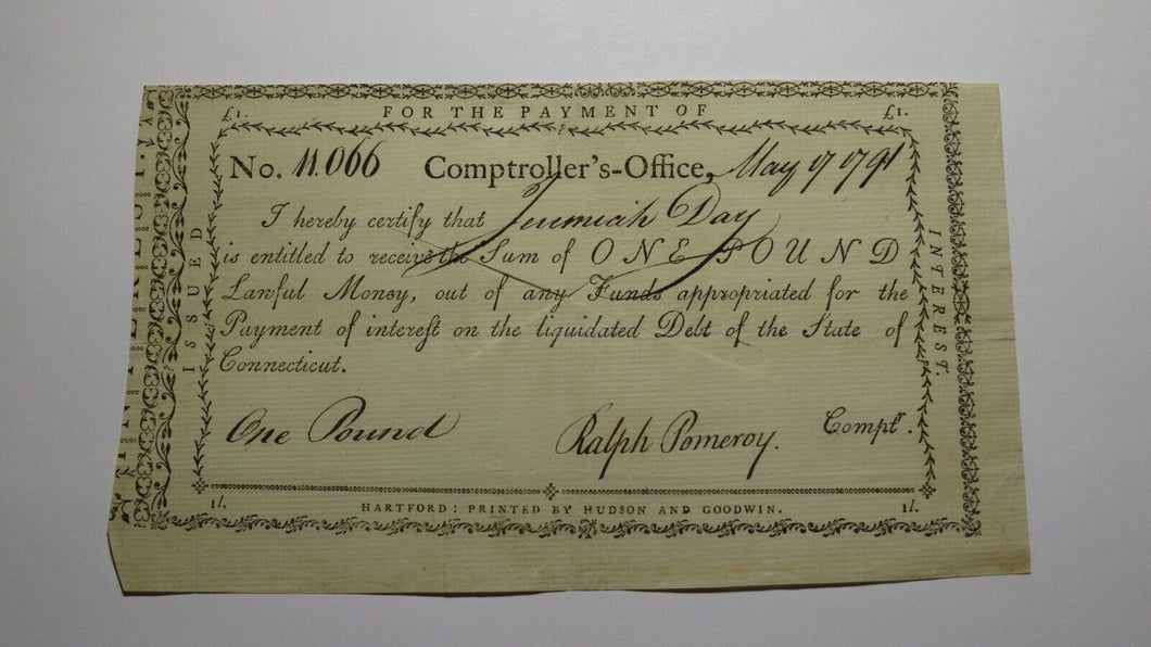 1791 One Pound Connecticut Comptroller's Office Colonial Currency Note Pomeroy!