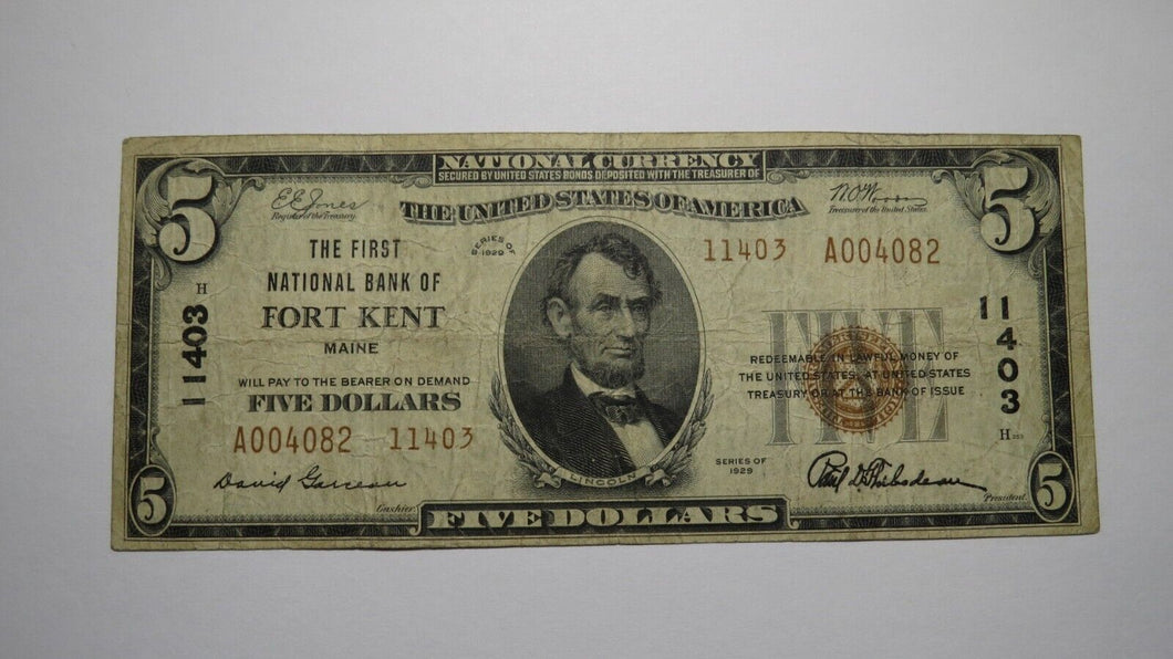 $5 1929 Fort Kent Maine ME National Currency Bank Note Bill Ch. #3913 FINE+