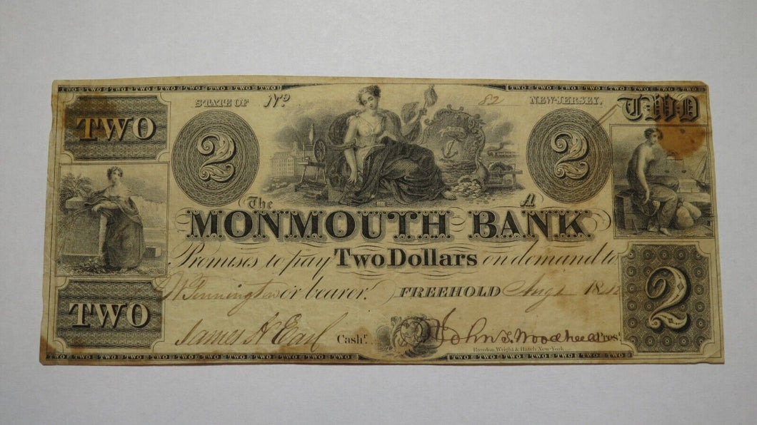 $2 1842 Freehold New Jersey NJ Obsolete Currency Bank Note Bill! Monmouth Bank