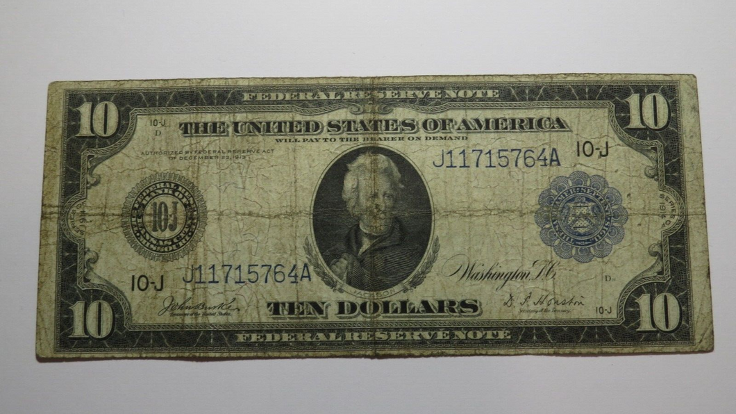 $10 1914 Kansas City Missouri Federal Reserve Large Bank Note Bill! Blue Seal VG