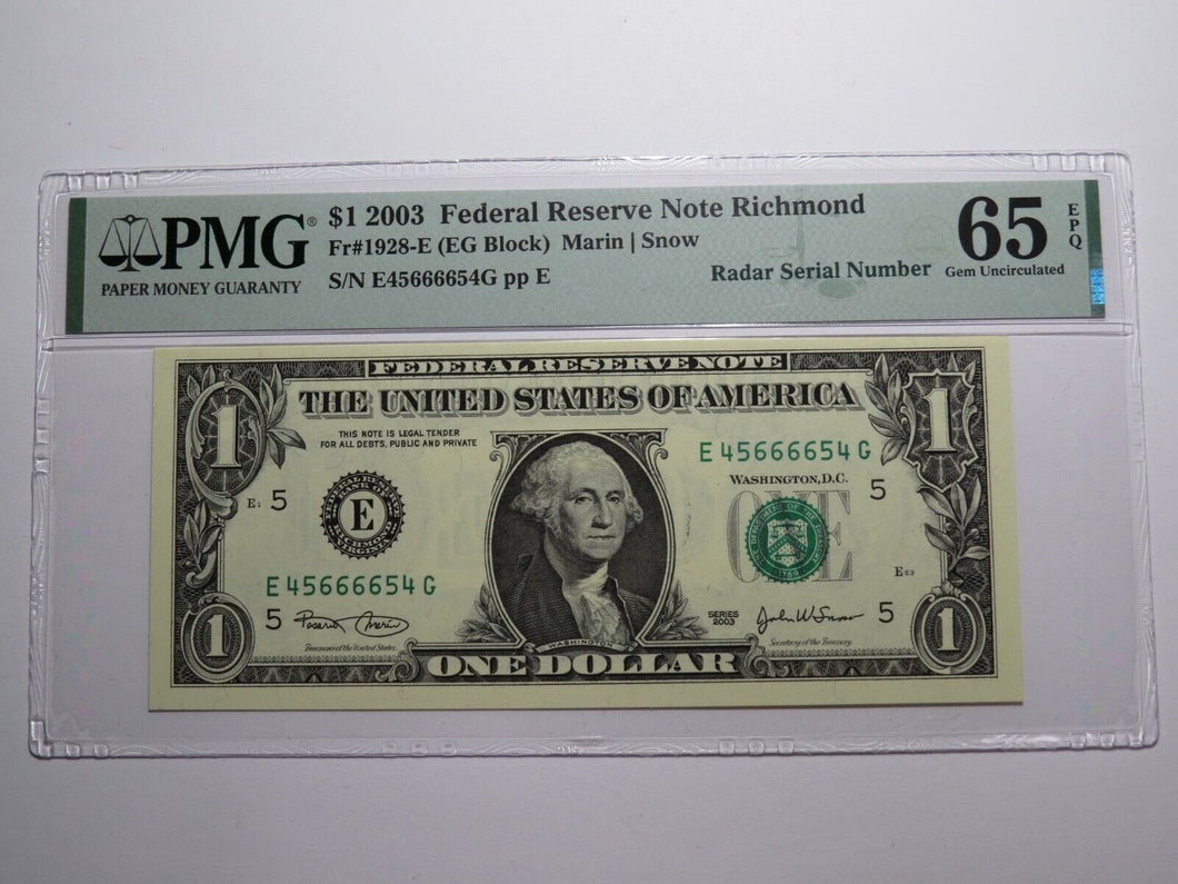 $1 2003 Radar Serial Number Federal Reserve Currency Bank Note Bill PMG UNC65EPQ