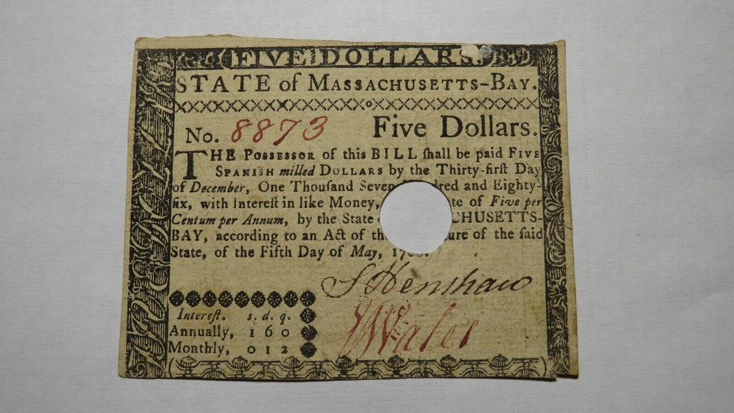 $5 1780 Massachusetts Bay MA Colonial Currency Note Bill Five Dollars Revolution