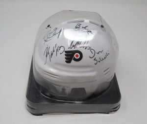 Bobby Clarke, Saleski, MacLeish, Bob Kelly, Kindrachuk Signed Flyers Mini Helmet