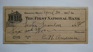 $6.39 1931 Hibbing Minnesota MN Cancelled Check! First National Bank