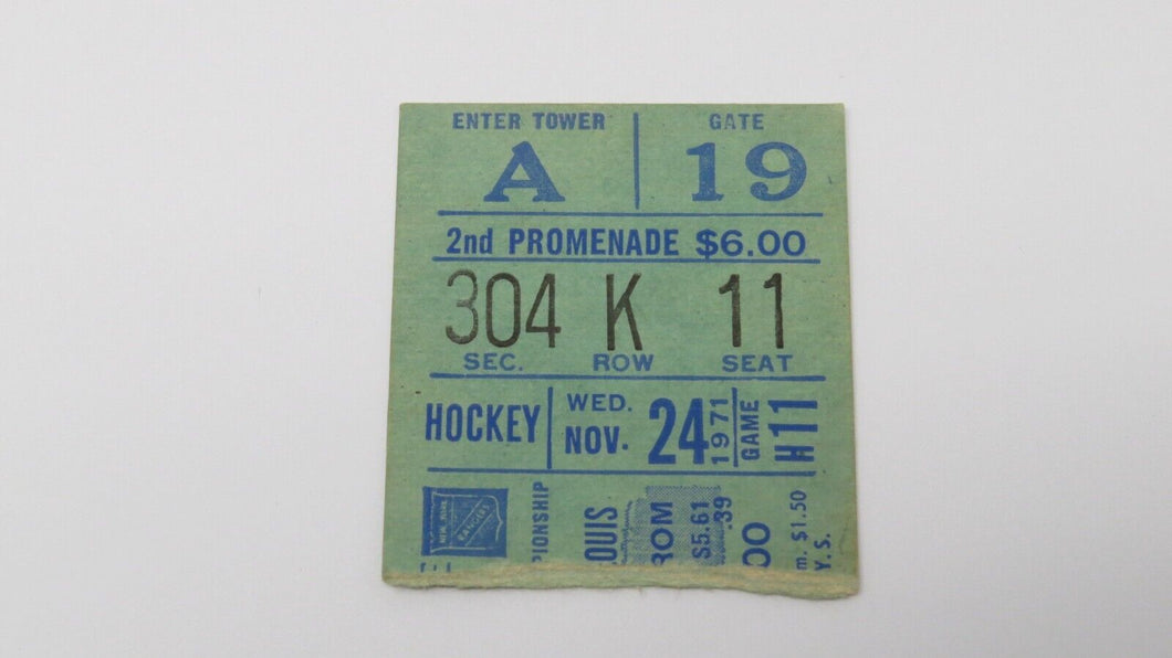 November 24, 1971 New York Rangers Vs. St. Louis Blues NHL Hockey Ticket Stub