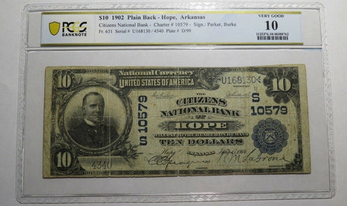 $10 1902 Hope Arkansas AR National Currency Bank Note Bill Ch. #10579 PCGS VG10
