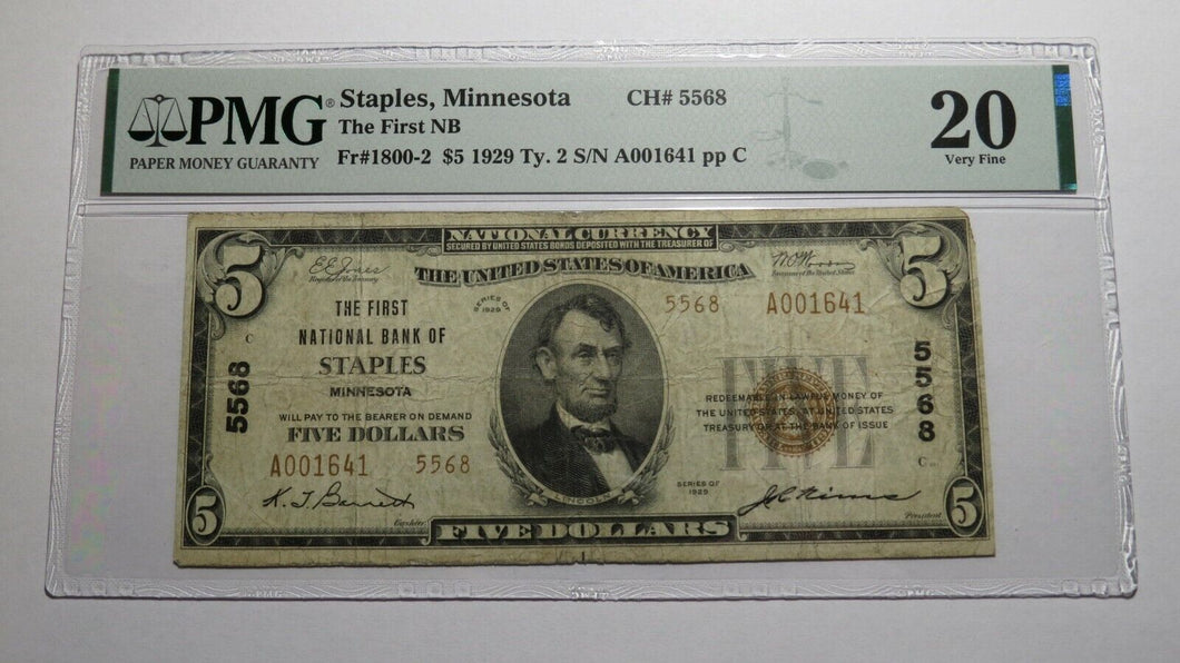 $5 1929 Staples Minnesota MN National Currency Bank Note Bill Ch #5568 VF20 PMG