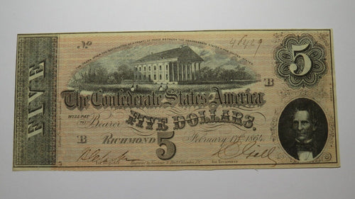 $5 1864 Richmond Virginia VA Confederate Currency Bank Note Bill RARE T69 VF++