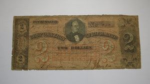 $2 1861 Richmond Virginia VA Obsolete Currency Bank Note Bill! Corporation of VA