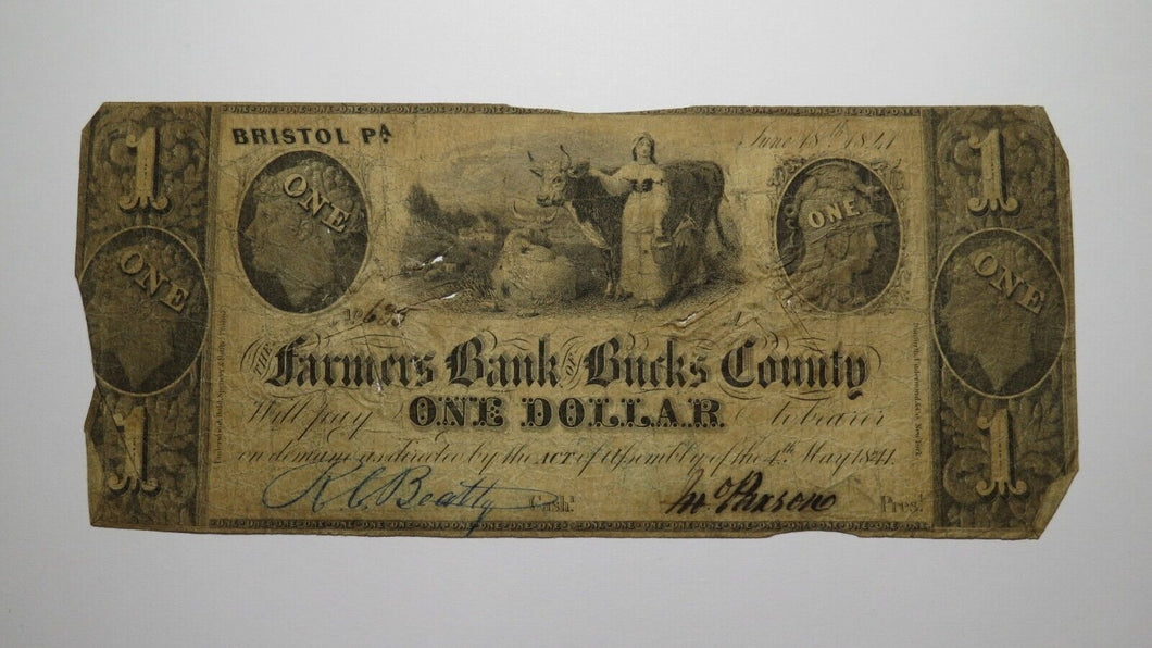 $1 1841 Bristol Pennsylvania PA Obsolete Currency Bank Note Bill! Bucks County