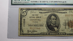 $5 1929 Leesburg Florida FL National Currency Bank Note Bill Ch. #11038 VF20 PMG