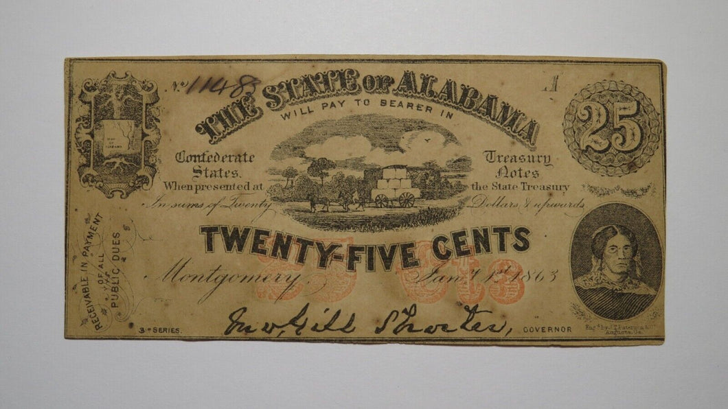 $.25 1863 Montgomery Alabama Obsolete Currency Bank Note Bill AU! Plate A