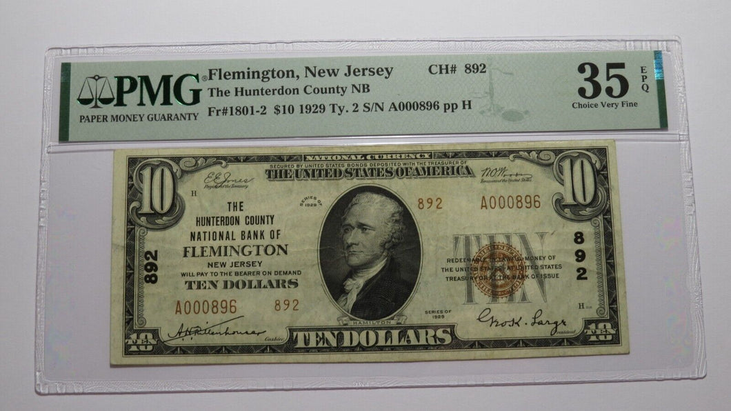 $10 1929 Flemington New Jersey National Currency Bank Note Bill Ch. #892 VF35EPQ