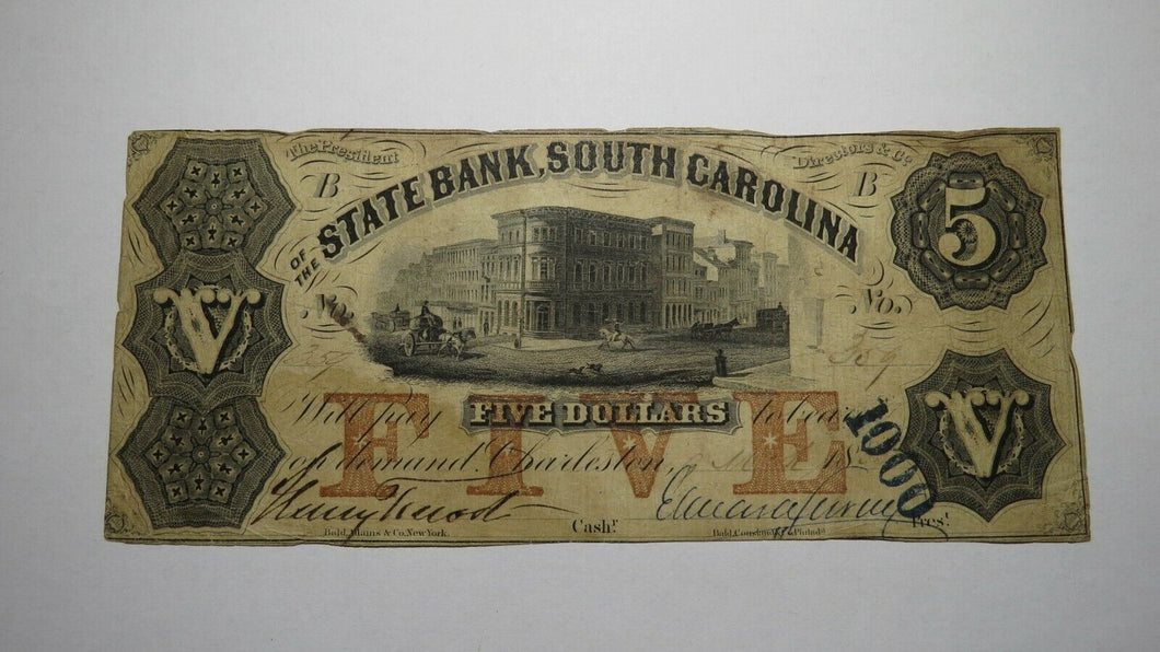 $5 1855 Charleston South Carolina SC Obsolete Currency Bank Note Bill State Bank