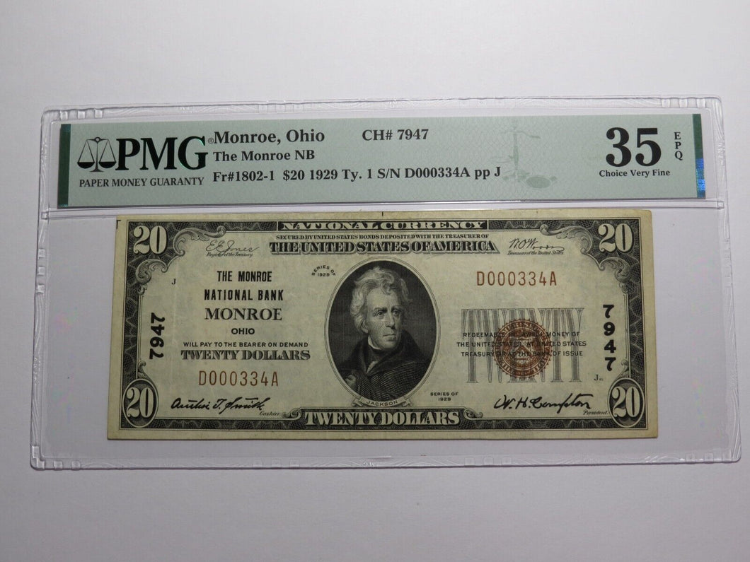 $20 1929 Monroe Ohio OH National Currency Bank Note Bill Charter #7947 VF35 PMG
