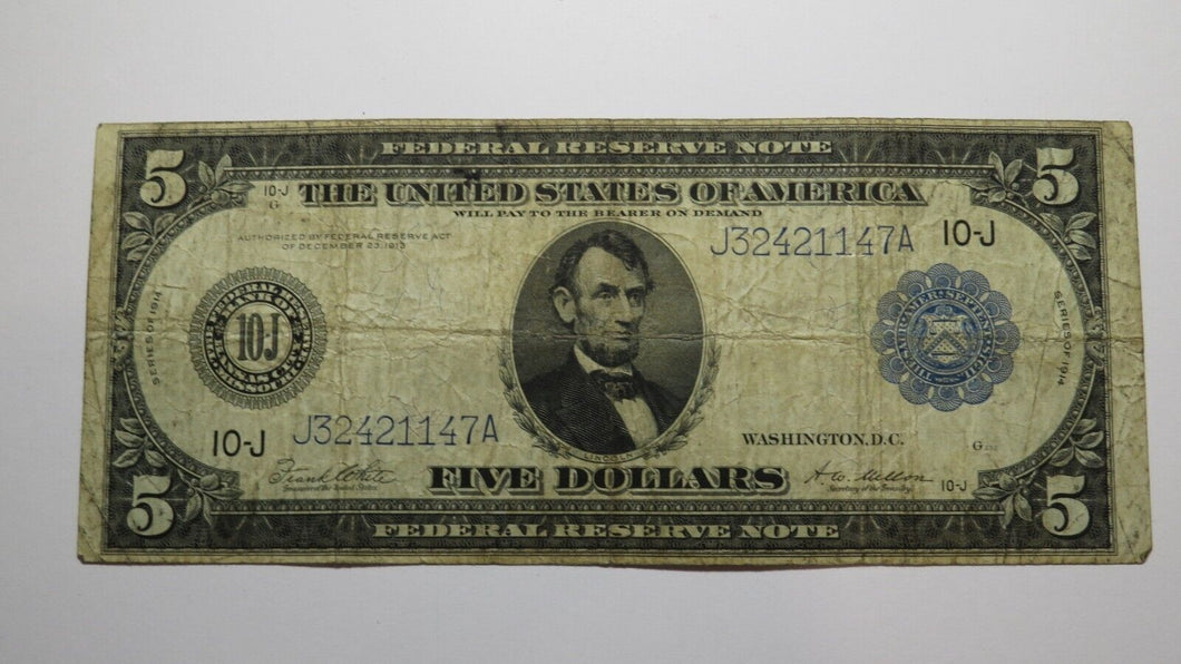 $5 1914 Kansas City Missouri Federal Reserve Large Bank Note Bill! Blue Seal VG+