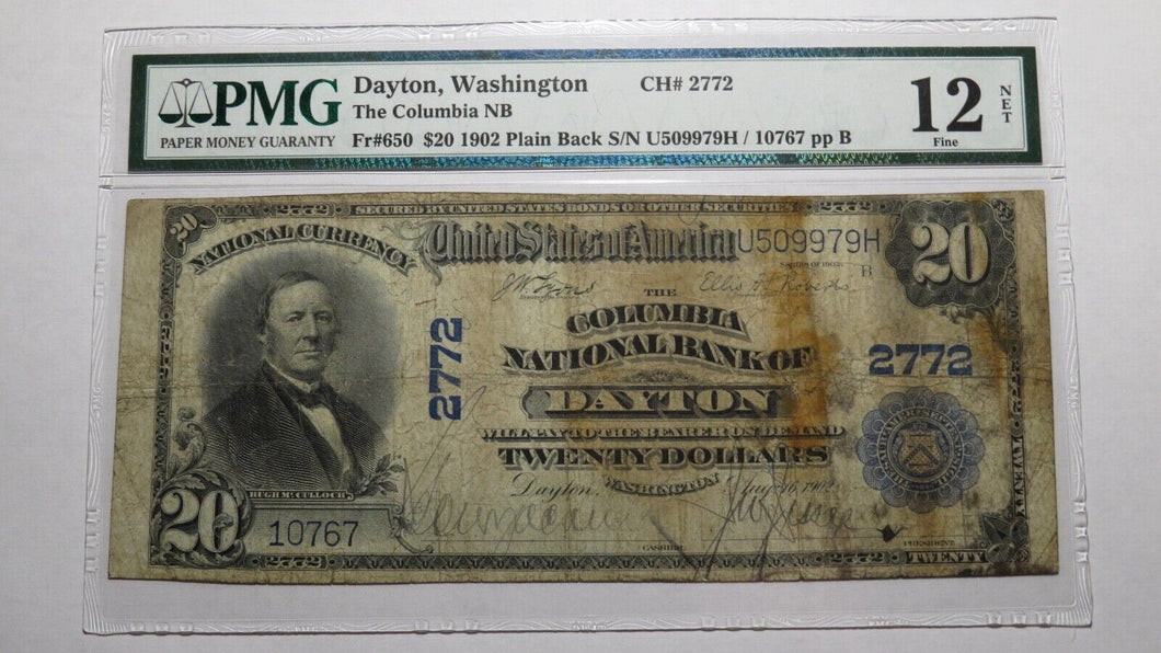 $20 1902 Dayton Washington WA National Currency Bank Note Bill Ch. #2772 PMG F12