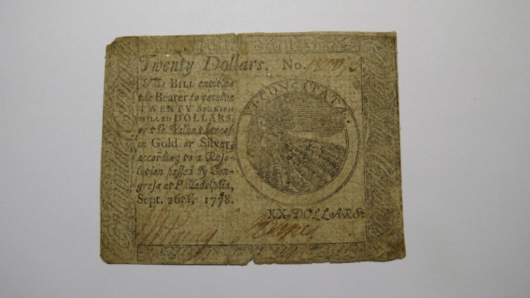 $20 1778 Continental Colonial Currency Note Bill Twenty Dollars Philadelphia PA