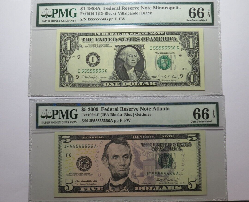 2 $1&$5 1988 2009 Matching Near Solid Serial Numbers Federal Reserve Bank Notes