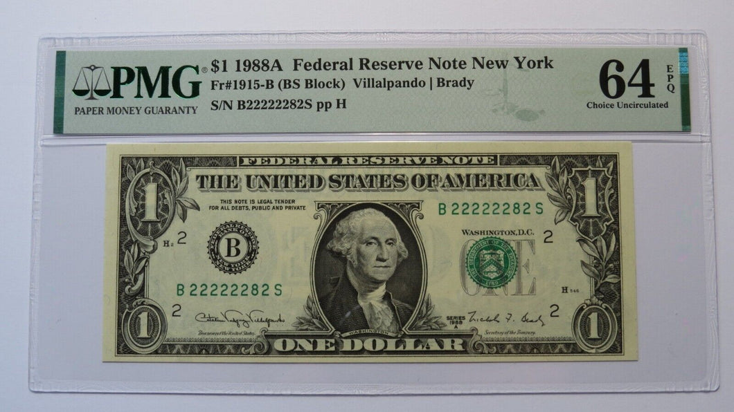 $1 1988 Near Solid Serial Number Federal Reserve Bank Note Bill UNC64 #22222282