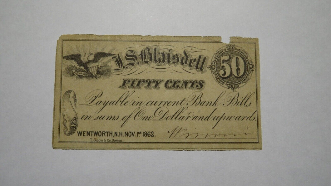 $.50 1862 Wentworth New Hampshire NH Obsolete Currency Bank Bill Fractional Note