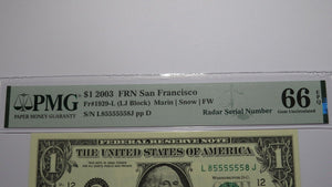 $1 2003 Fancy Radar Serial Number Federal Reserve Currency Note Bill #85555558