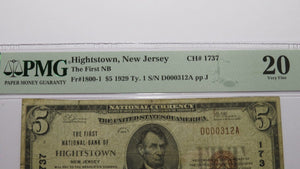 $5 1929 Hightstown New Jersey NJ National Currency Bank Note Bill Ch. #1737 VF20