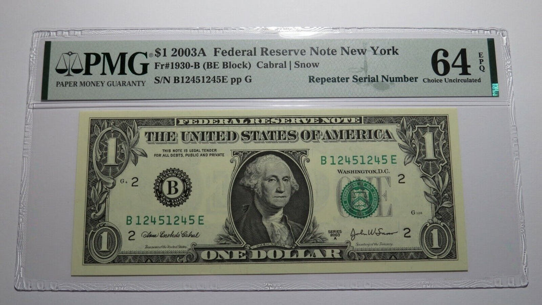 $1 2003 Repeater Serial Number Federal Reserve Currency Bank Note Bill PMG UNC64