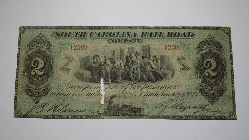 $2 1873 Charleston South Carolina SC Obsolete Currency Bank Note! Rail Road