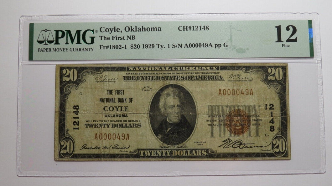 $20 1929 Coyle Oklahoma OK National Currency Bank Note Bill! Ch. #12148 F12 PMG