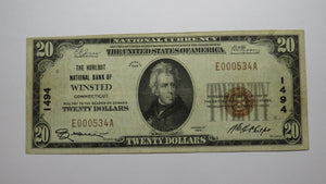 $20 1929 Winsted Connecticut CT National Currency Bank Note Bill! Ch. #1494 VF