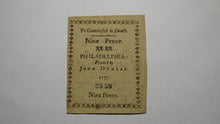 Load image into Gallery viewer, 1777 Nine Pence Pennsylvania PA Colonial Currency Bank Note Bill RARE 9d AU++