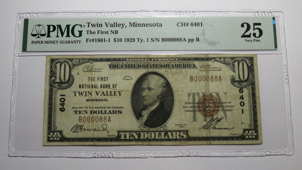 $10 1929 Twin Valley Minnesota MN National Currency Bank Note Bill #6401 VF25