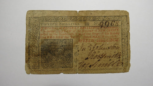1776 Fifteen Shillings New Jersey NJ Colonial Currency Note Bill! RARE ISSUE 15s