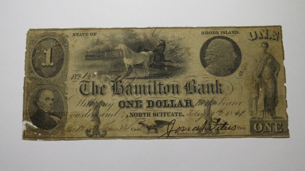 $1 1849 North Scituate Rhode Island RI Obsolete Currency Bank Note Bill Hamilton
