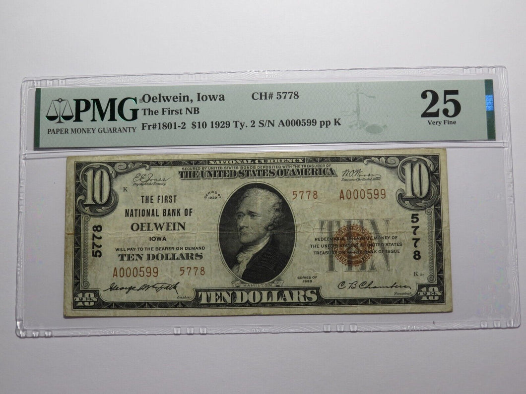 $10 1929 Oelwein Iowa IA National Currency Bank Note Bill Ch. #5778 VF25 PMG
