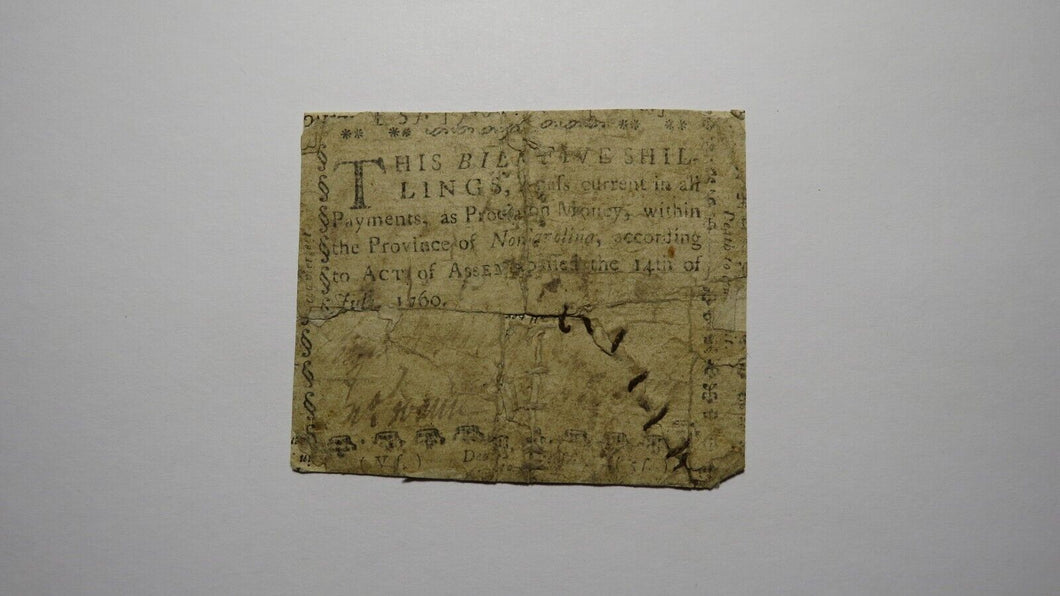1760 Five Shillings North Carolina NC Colonial Currency Bank Note Bill 5s